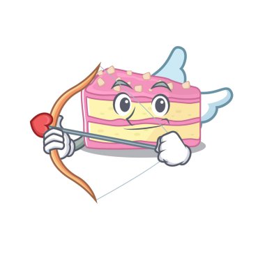Sweet strawberry slice cake Cupid cartoon design with arrow and wings