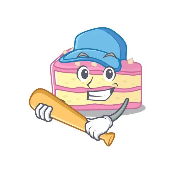 Smiley Funny Pastel Fresa Rebanada Diseño Mascota Con Béisbol Ilustración — Archivo Imágenes Vectoriales