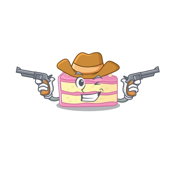 Fragola fetta torta Cowboy cartone animato concetto avendo pistole — Vettoriale Stock
