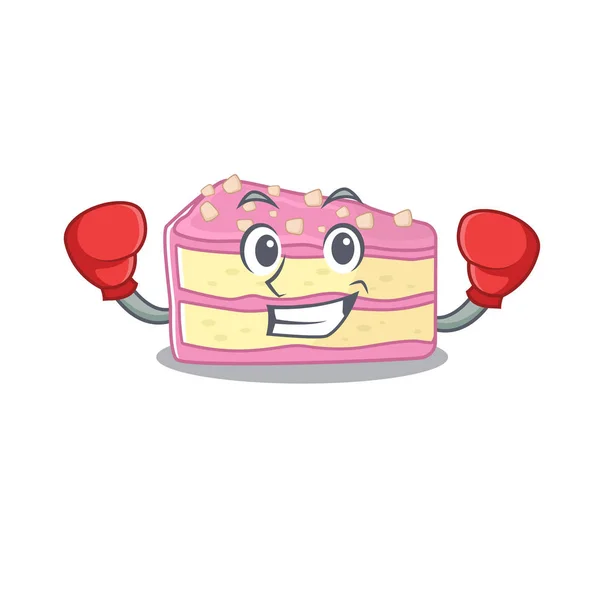 Mascote estilo de personagem de Sporty Boxing bolo de fatia de morango — Vetor de Stock