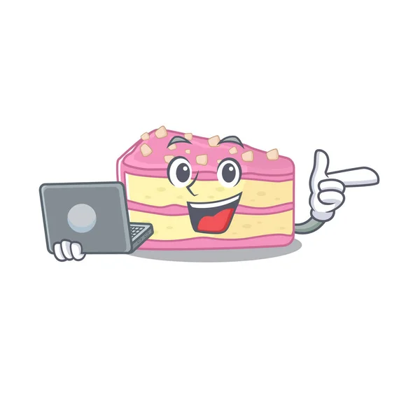 Cool character of strawberry slice cake working with laptop — Διανυσματικό Αρχείο