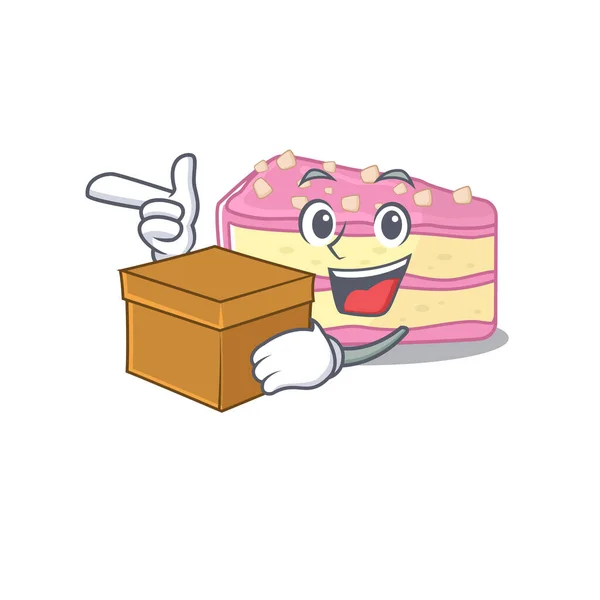 Carino personaggio cartone animato fetta di fragola torta avendo una scatola — Vettoriale Stock