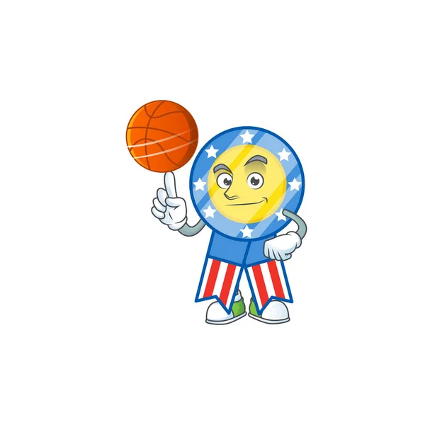 Un fuerte personaje de dibujos animados medalla de EE.UU. con un baloncesto — Vector de stock