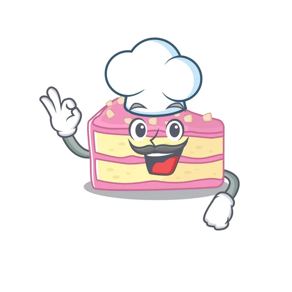 Personagem de desenho animado de bolo de fatia de morango trabalhando como um chef e vestindo chapéu branco — Vetor de Stock