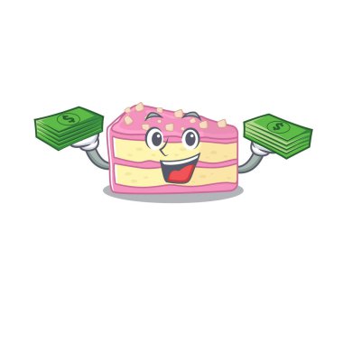 cool rich strawberry slice cake character having money on hands
