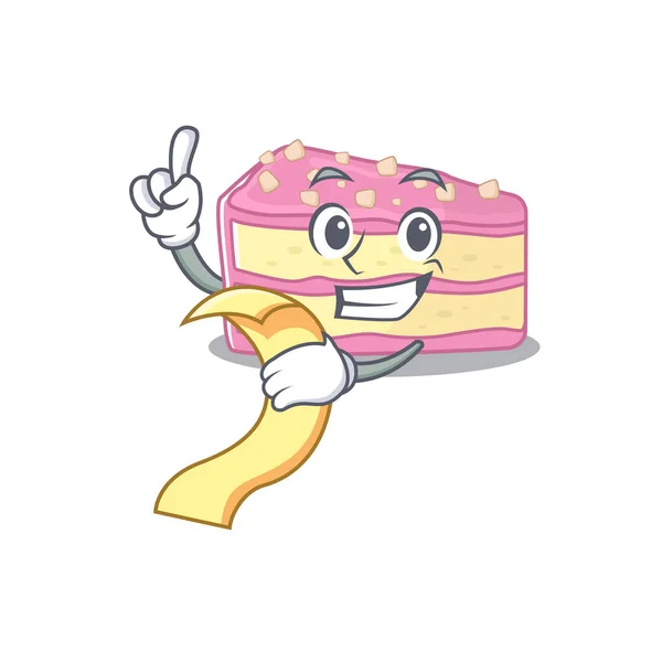 A funny cartoon character of strawberry slice cake holding a menu — Stockový vektor