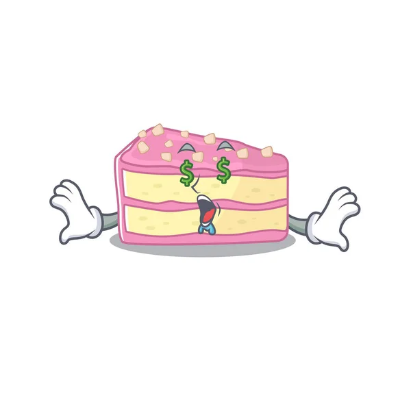 Happy rich strawberry slice cake cartoon character with Money eye — Wektor stockowy