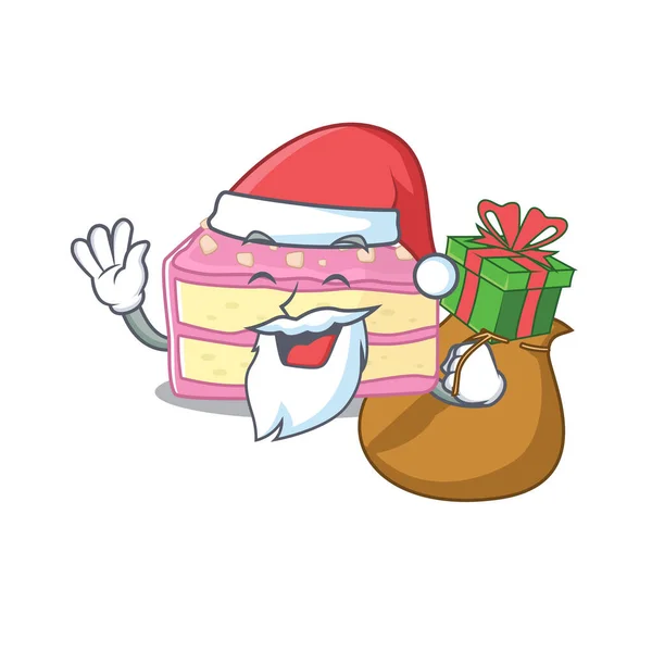 Santa strawberry slice cake Cartoon character design having box of gifts — Stock Vector