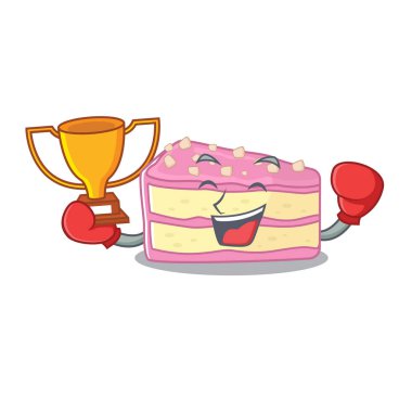fantastic Boxing winner of strawberry slice cake in mascot cartoon design