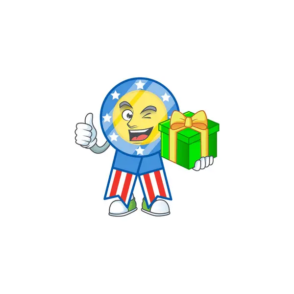 Cute USA medal character holding a gift box — Stock Vector
