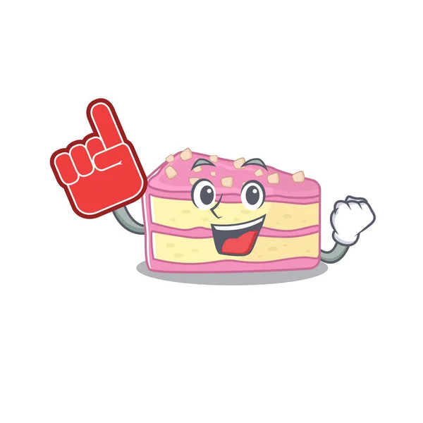Una imagen del diseño de dibujos animados de la mascota del pastel de rodajas de fresa sosteniendo un dedo de espuma — Archivo Imágenes Vectoriales