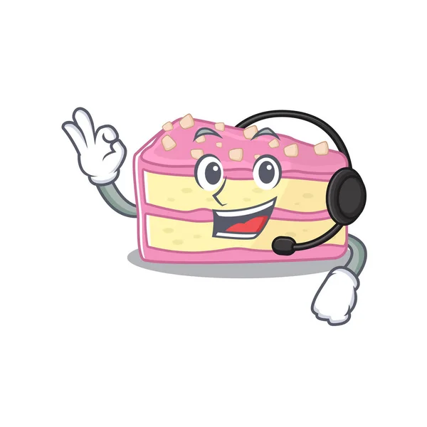 Happy strawberry slice cake mascot design style wearing headphone — Stockový vektor