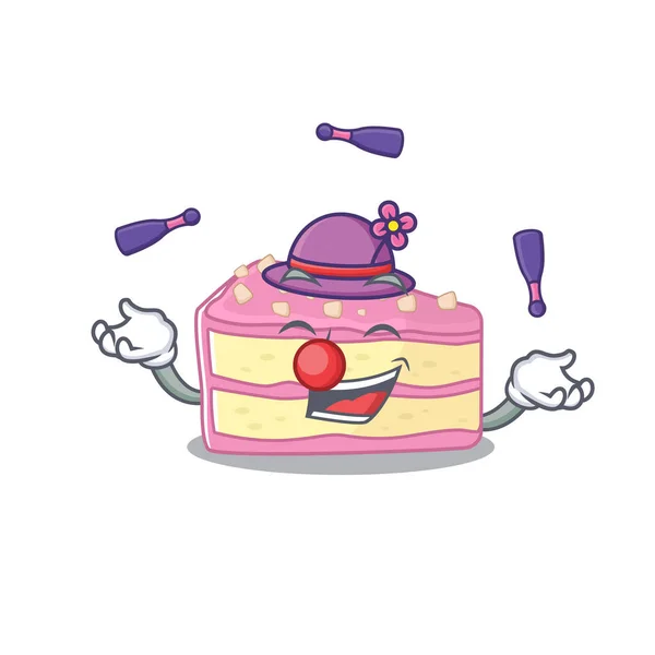 Um animado morango fatia bolo desenho animado personagem jogo malabarismo — Vetor de Stock