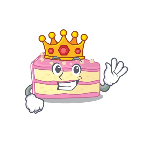 A cartoon mascot design of strawberry slice cake performed as a King on the stage — 스톡 벡터