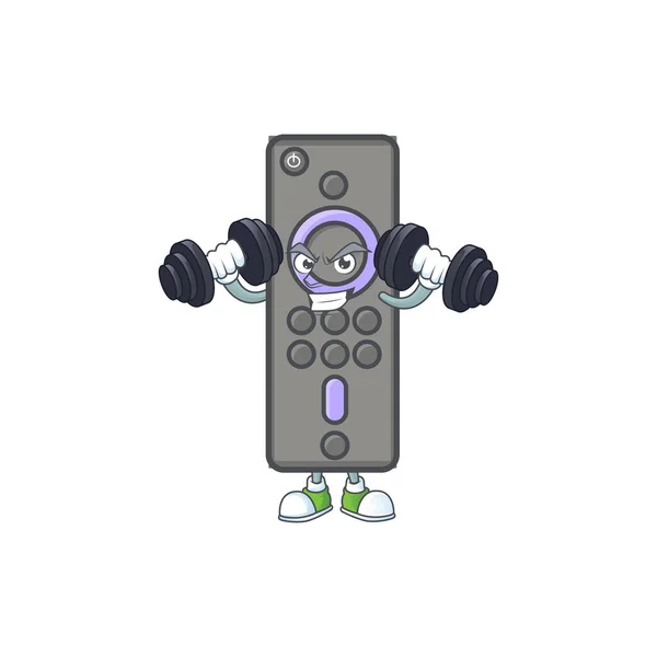 Ícone de mascote de TV de controle remoto no exercício de fitness tentando barbells — Vetor de Stock