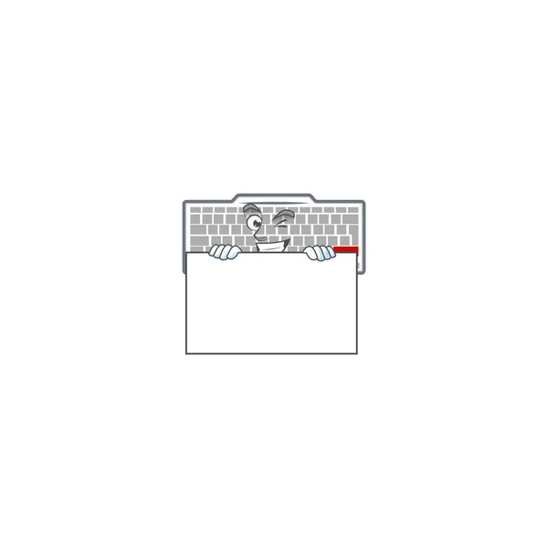 Wit toetsenbord cartoon karakter met grappige gezicht verbergt achter een bord — Stockvector