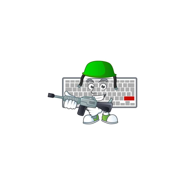 Diseño de la mascota del teclado blanco en uniforme del ejército con ametralladora — Vector de stock