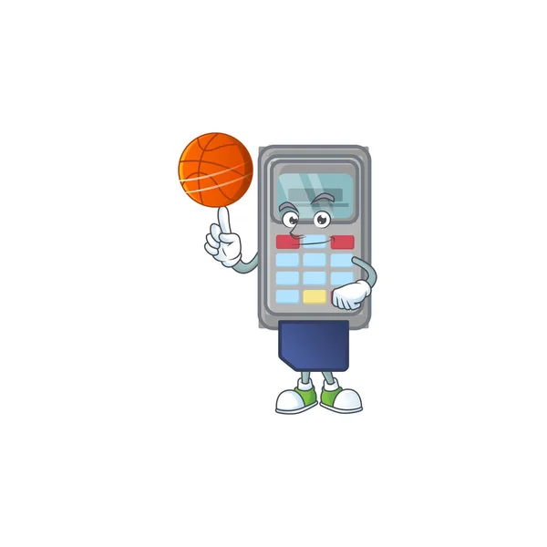 En stark Pos maskin tecknad karaktär med en basket — Stock vektor