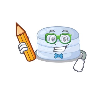 A smart Student blueberry macaron character holding pencil