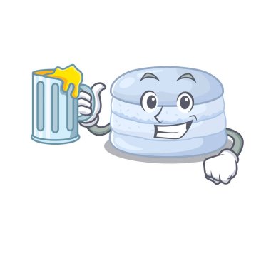 Smiley blueberry macaron mascot design with a big glass