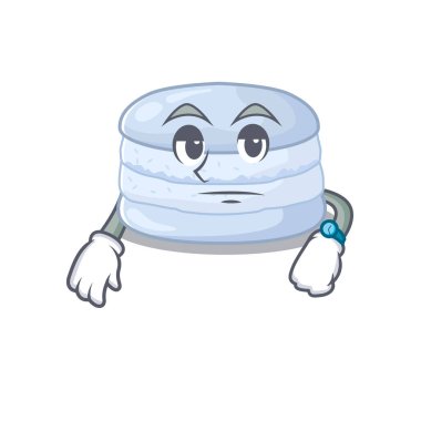 cartoon character design of blueberry macaron on a waiting gesture