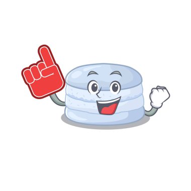 A picture of blueberry macaron mascot cartoon design holding a Foam finger