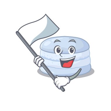 Funny blueberry macaron cartoon character style holding a standing flag