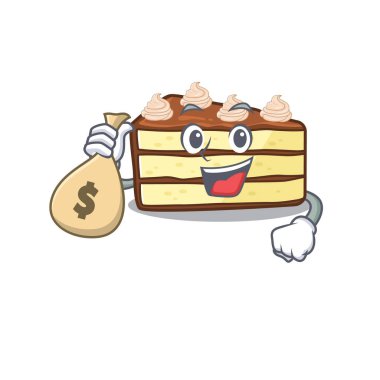 Rich and famous chocolate slice cake cartoon character holding money bag