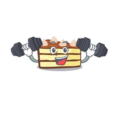Sporty Fitness exercise chocolate slice cake mascot design using barbells