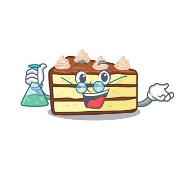Cool chocolate slice cake Professor cartoon character with glass tube