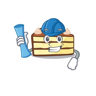 Çikolata dilimli kek mimarının başarısı. Mavi baskı ve mavi başlık.