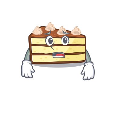 Çikolata dilimli pasta resmi. Korkmuş bir yüzü var.