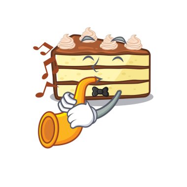 Maskot tasarımı konsepti. Çikolatalı pasta trompet çalıyor.