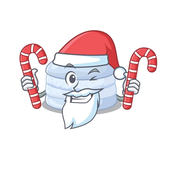 Blueberry macaron Cartoon character wearing Santa costume bringing a candy — Wektor stockowy