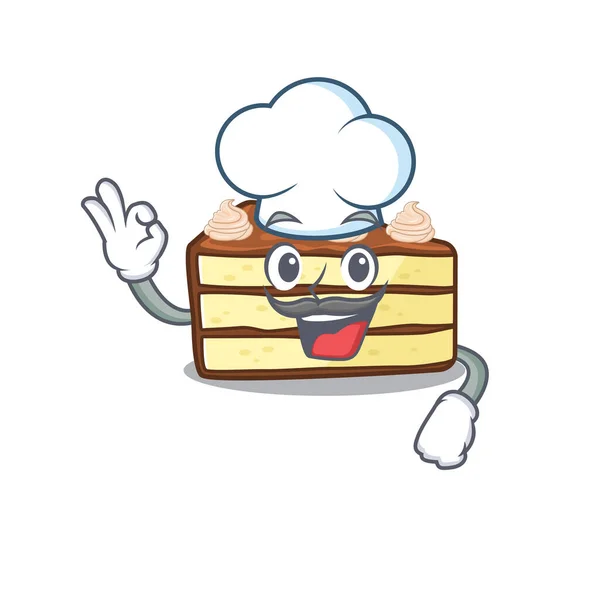 Personagem de desenho animado bolo de chocolate fatia trabalhando como um chef e vestindo chapéu branco — Vetor de Stock