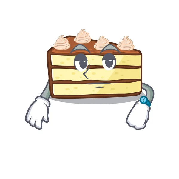 Design de personagem de desenho animado de bolo de fatia de chocolate em um gesto de espera — Vetor de Stock