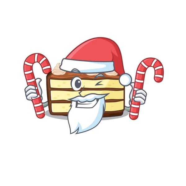 Chocolade plak taart stripfiguur dragen Kerstman kostuum brengen van een snoep — Stockvector