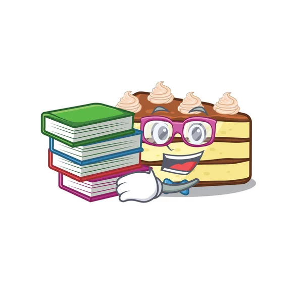 Mascot cartoon of chocolate slice cake studying with book — Stock Vector