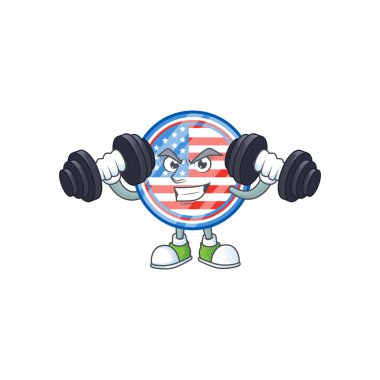 Circle badges USA mascot icon on fitness exercise trying barbells