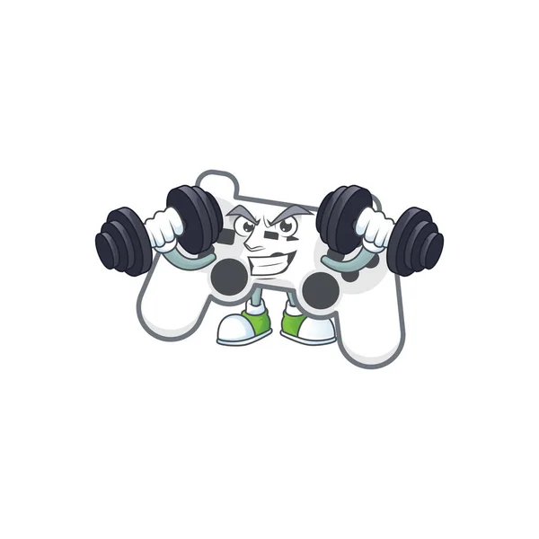 Icône de mascotte de joystick blanc sur l'exercice de remise en forme en essayant des cloches — Image vectorielle