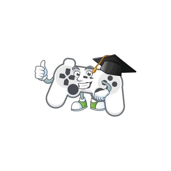 A happy character of white joystick in a black Graduation hat — Stock Vector