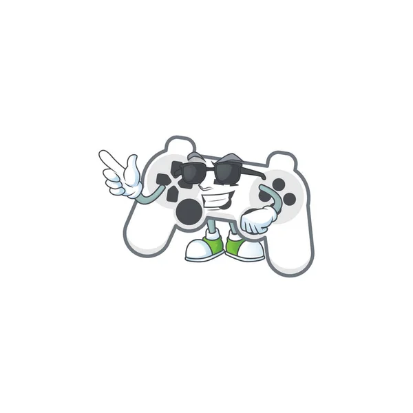 Super legal branco joystick mascote personagem vestindo óculos pretos — Vetor de Stock