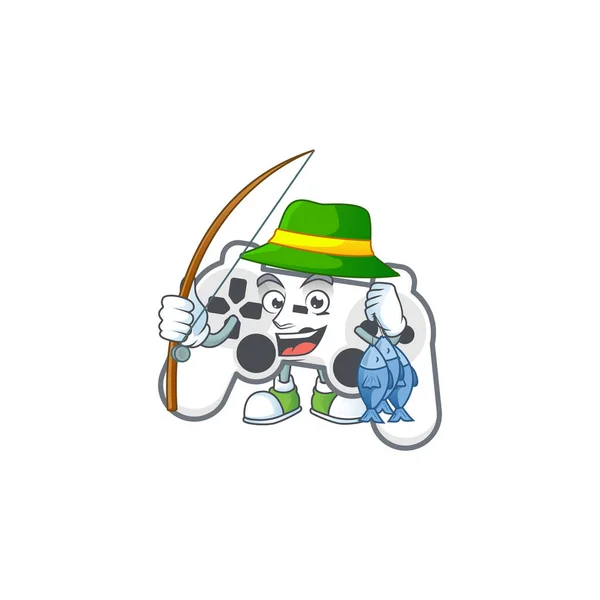 A mascot design of Fishing white joystick with 3 fishes — Stock vektor