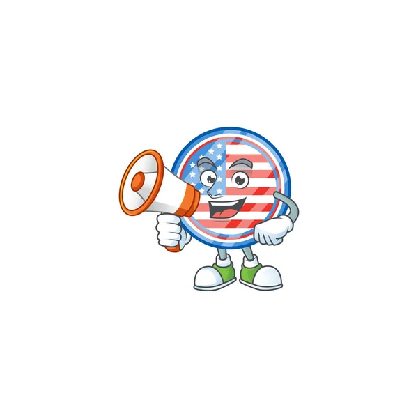 A chilly cartoon character of circle badges USA with a megaphone — 图库矢量图片