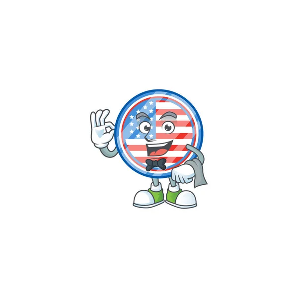 A circle badges USA cartoon mascot working as a Waiter — Stockvector