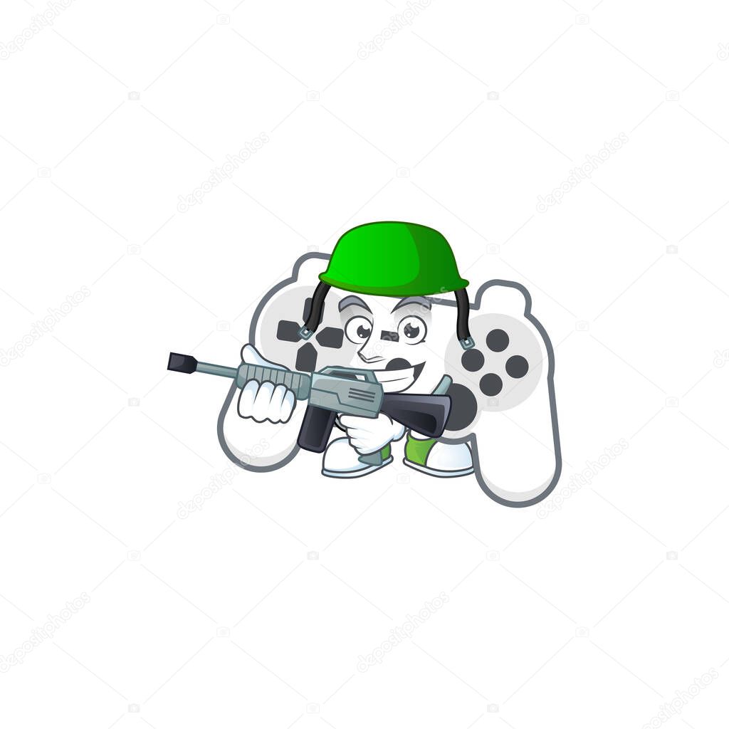 White joystick mascot design in an Army uniform with machine gun
