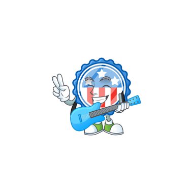 A cartoon character of circle badges USA with star playing a guitar
