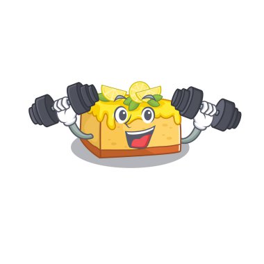 Sporty Fitness exercise lemon cheesecake mascot design using barbells