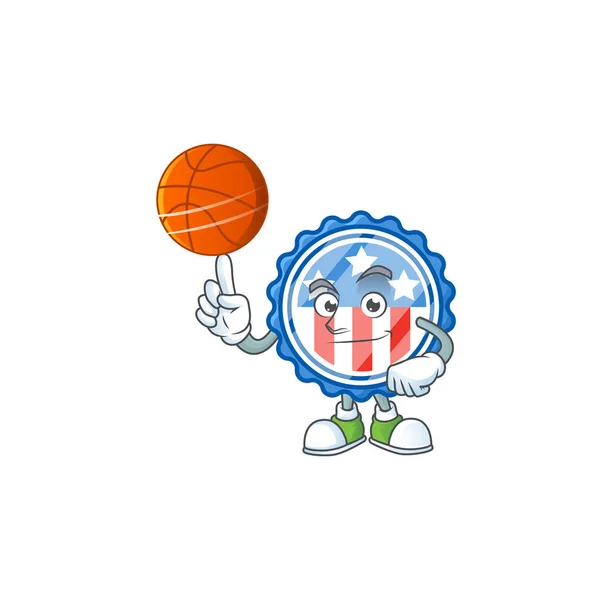 Un fuerte círculo insignias EE.UU. con el personaje estrella de dibujos animados con una pelota de baloncesto — Vector de stock