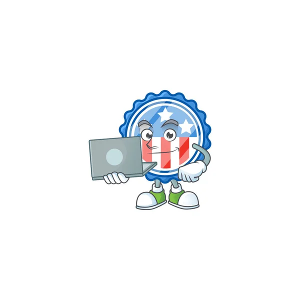 A smart circle badges USA with star mascot icon working with laptop — Wektor stockowy